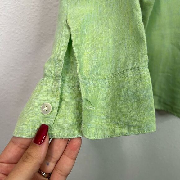 LL Bean Women’s Green 100% Linen 3/4 Sleeve Button Up Top Size L - Picture 4 of 14